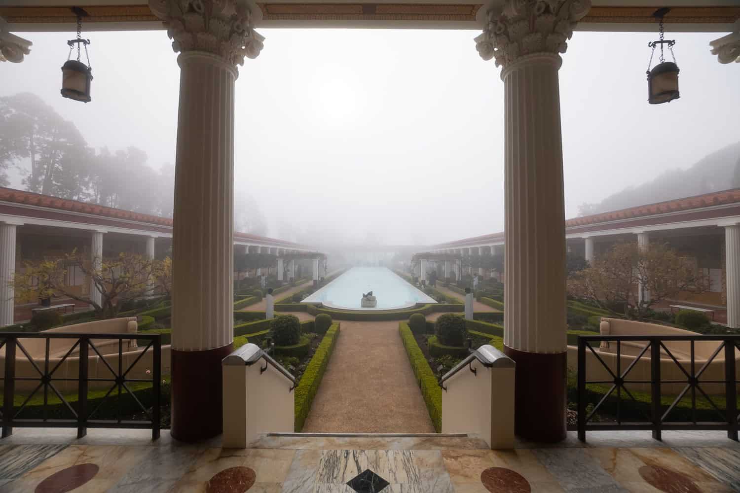 Getty Villa garden and reflecting pool framed by columns