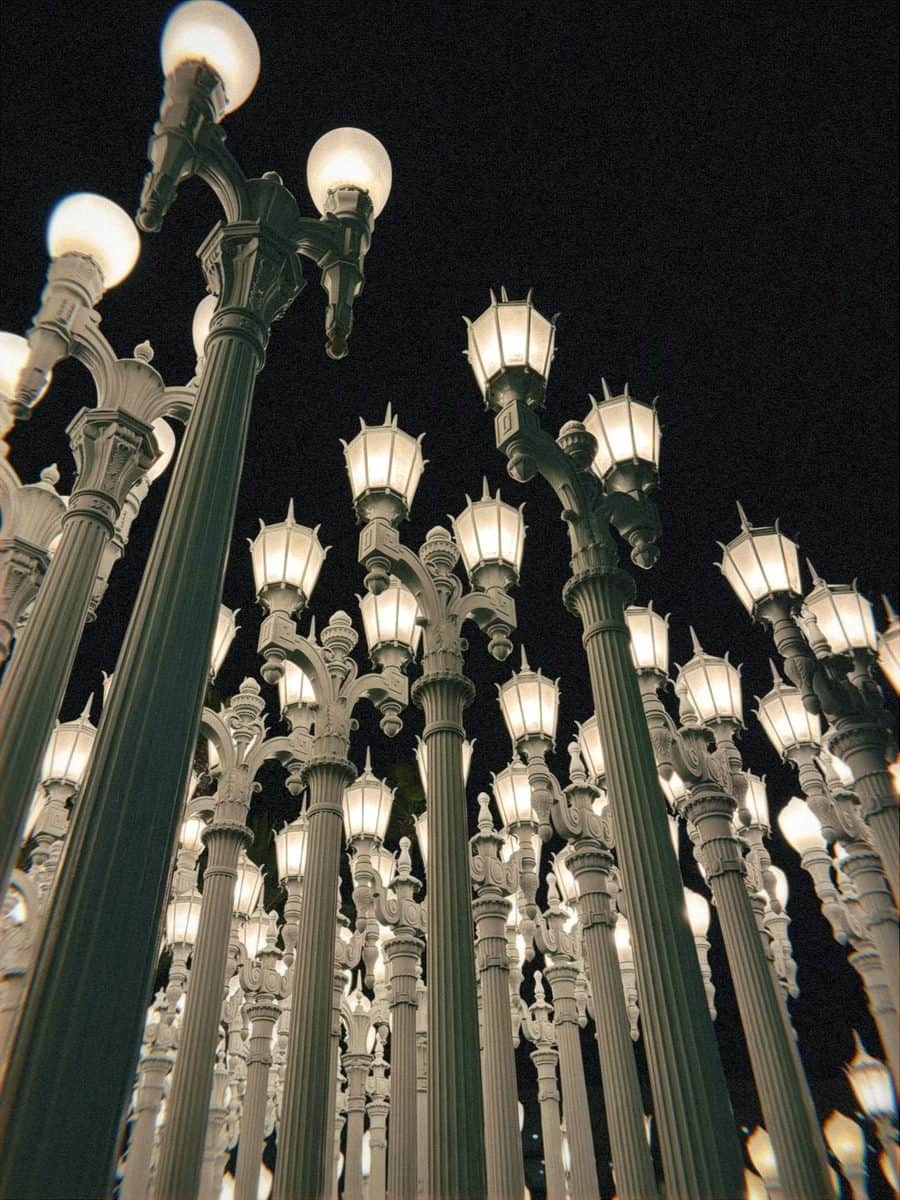 Illuminated streetlamps at Urban Light outside LACMA
