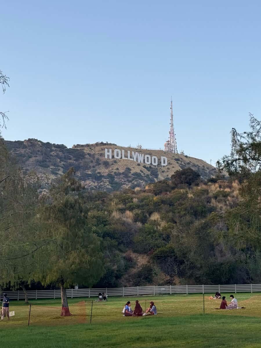 Visitors on the lawn below the Hollywood Sign at Lake Hollywood Park