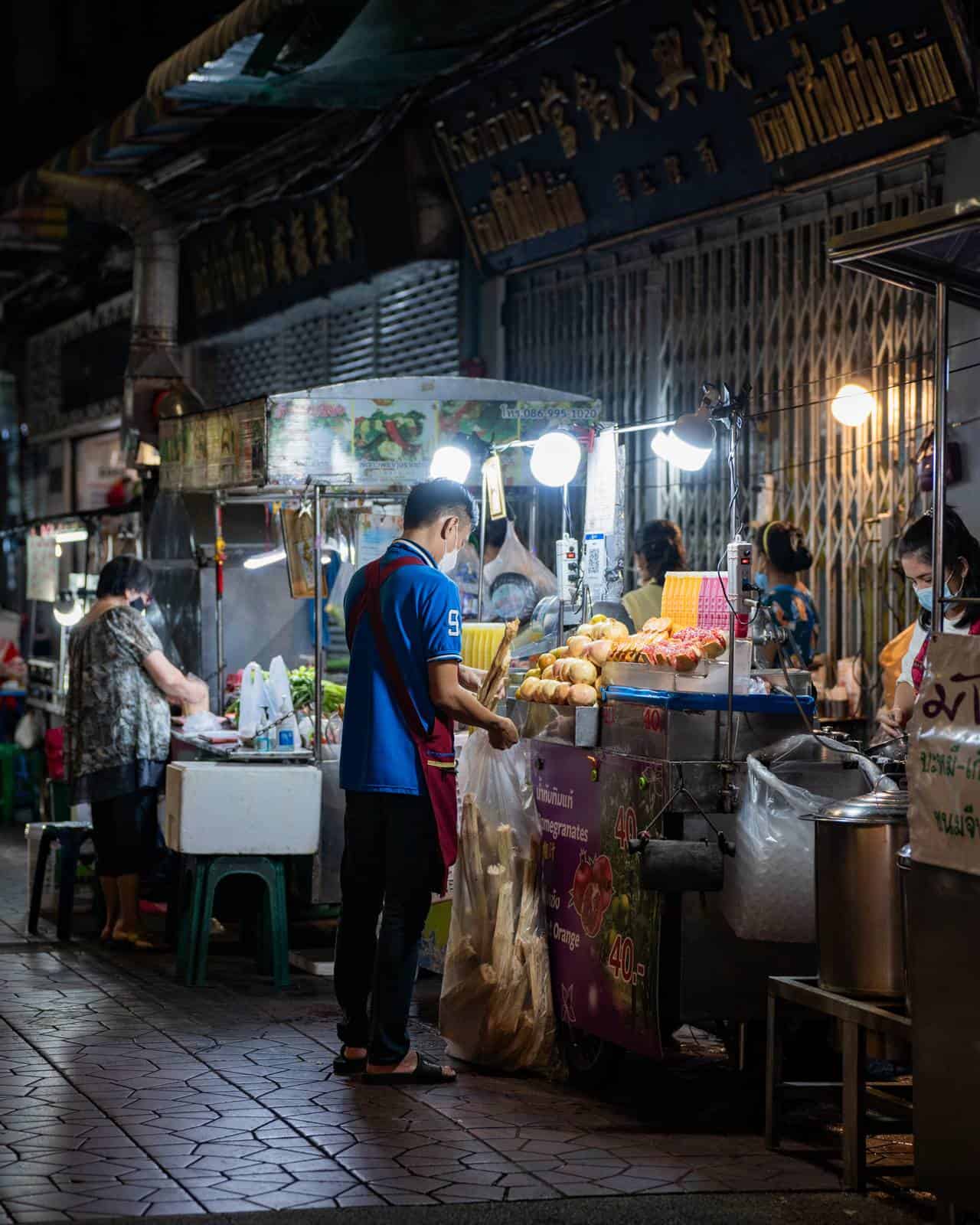 Street food stall in Bangkok's Chinatown at night