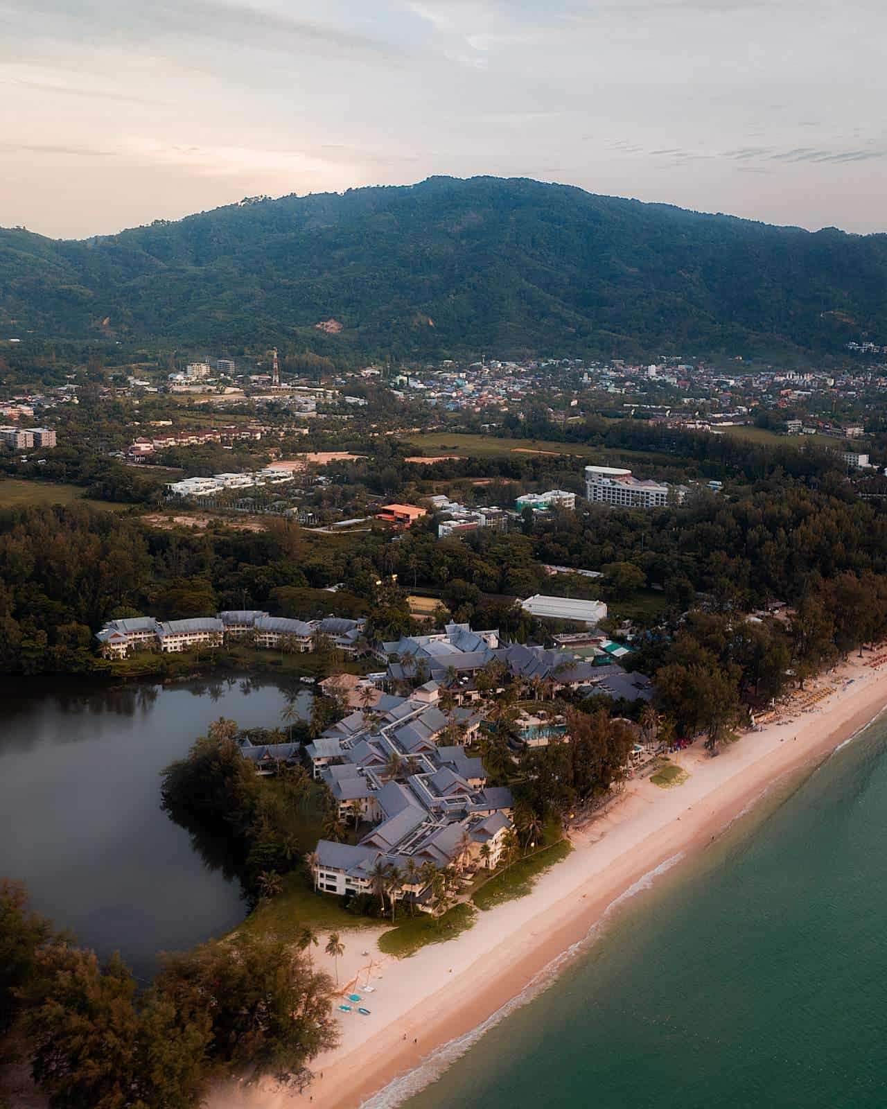 Aerial view of Bang Tao beach and lagoon in Phuket