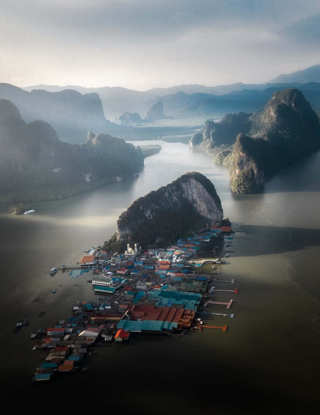 Aerial view of Koh Panyee village in Phang Nga Bay